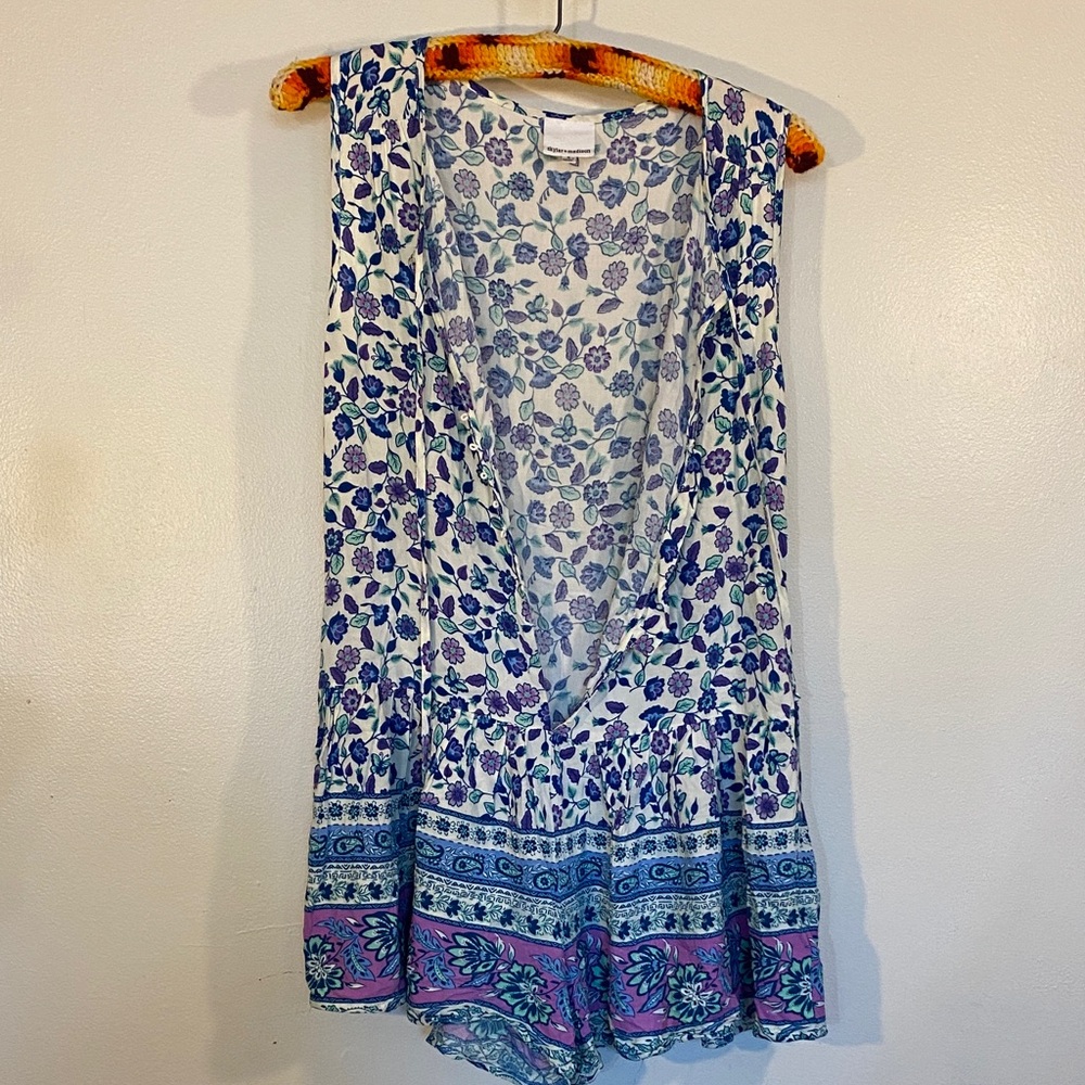 Skylar + Madison White Floral V-Neck Romper with Blue & Purple Border